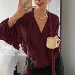 Burgundy Casual Women's Loose Fit Long Sleeve Tie Blouse
